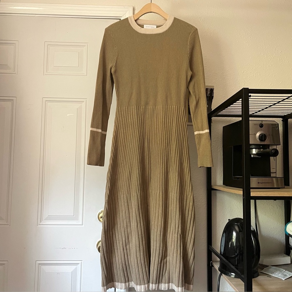 FRIEND OF AUDREY tan tencel linen blend chunky rib knit long‎ sleeve midi dress